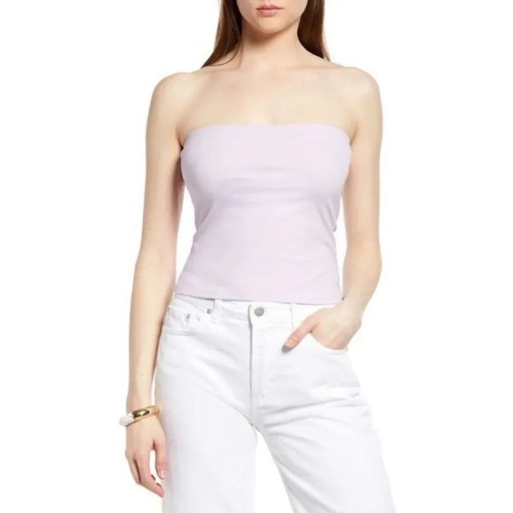 Open Edit Womens Tube Top Purple Strapless Stretch Straight Neck Pullover S NWOT